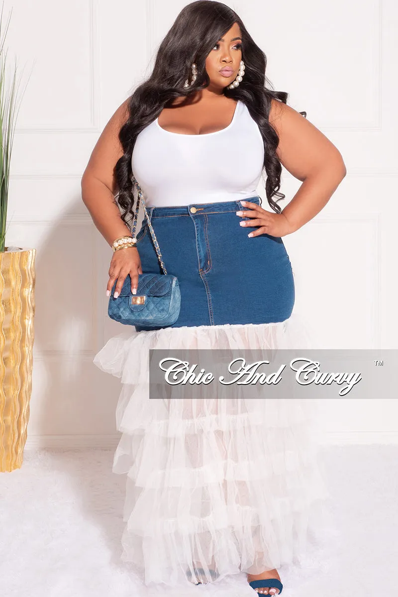 Final Sale Plus Size Denim Skirt with Tulle Layered Bottom in Off White