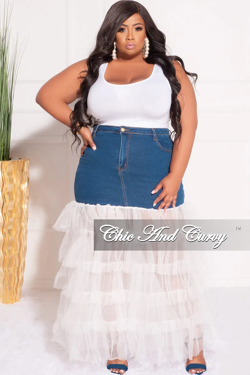 Final Sale Plus Size Denim Skirt with Tulle Layered Bottom in Off White