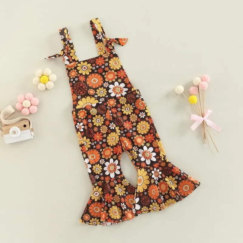 Flower Power - Baby Girl Jumpsuits Flare Bell Bottoms , Brown Multi