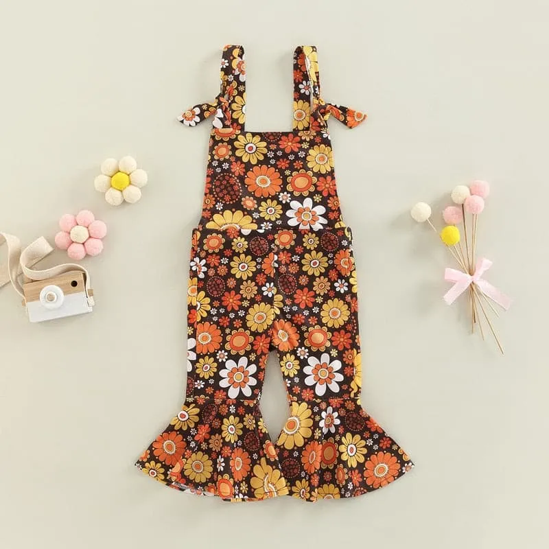 Flower Power - Baby Girl Jumpsuits Flare Bell Bottoms , Nude Multi