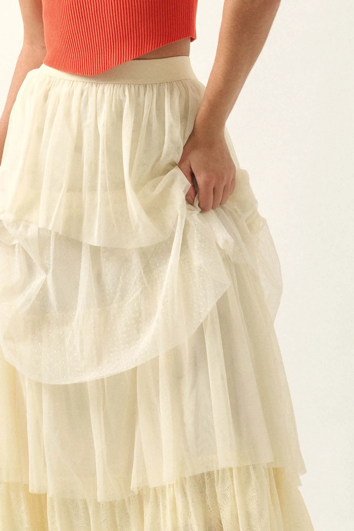 Frilly Flirt Asymmetrical Tiered Ruffle Maxi Skirt