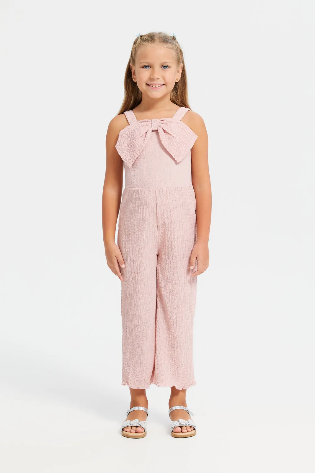 Girls Pink Bow Trim Jumpsuit