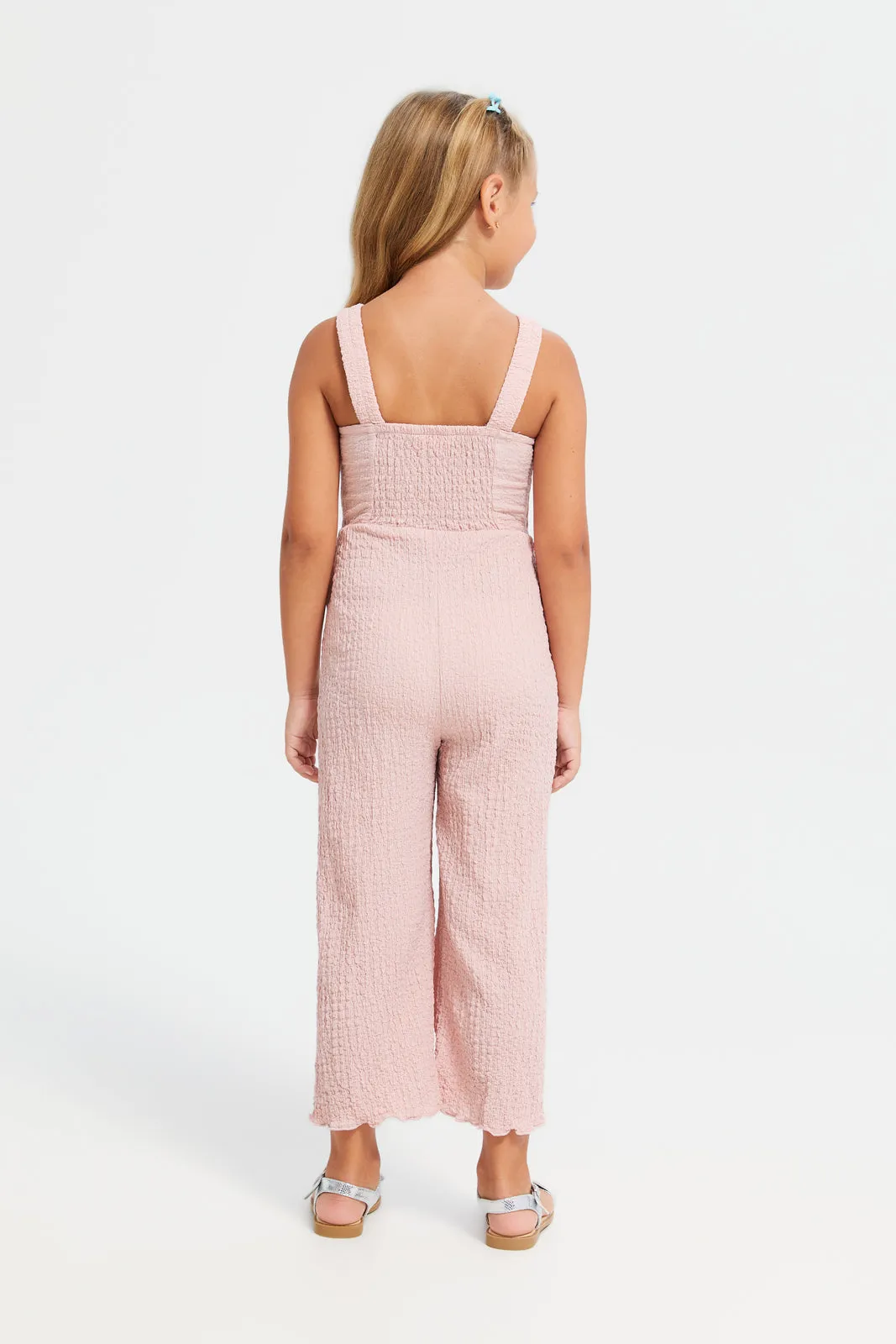 Girls Pink Bow Trim Jumpsuit