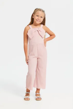 Girls Pink Bow Trim Jumpsuit