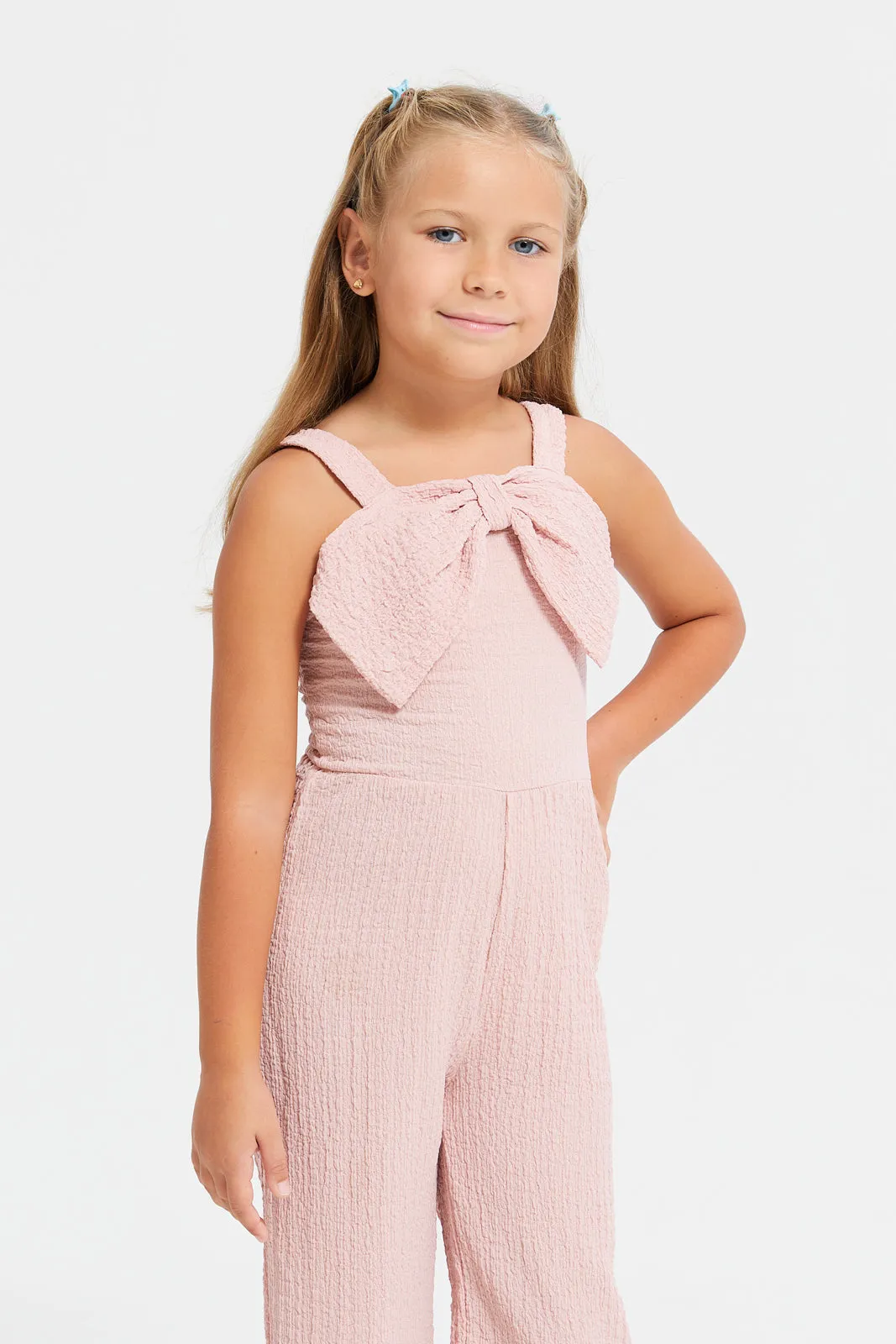 Girls Pink Bow Trim Jumpsuit