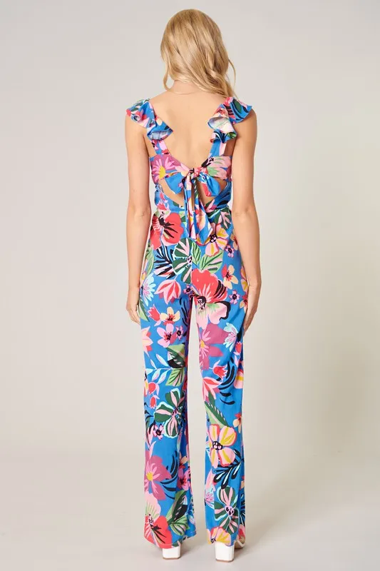 Inez Tropics Ruffle Sleeve Jumpsuit