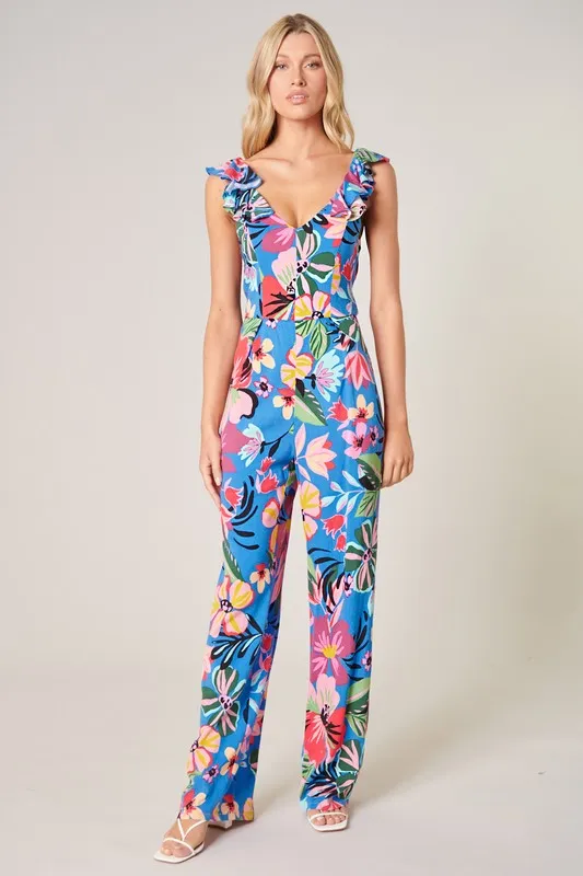 Inez Tropics Ruffle Sleeve Jumpsuit