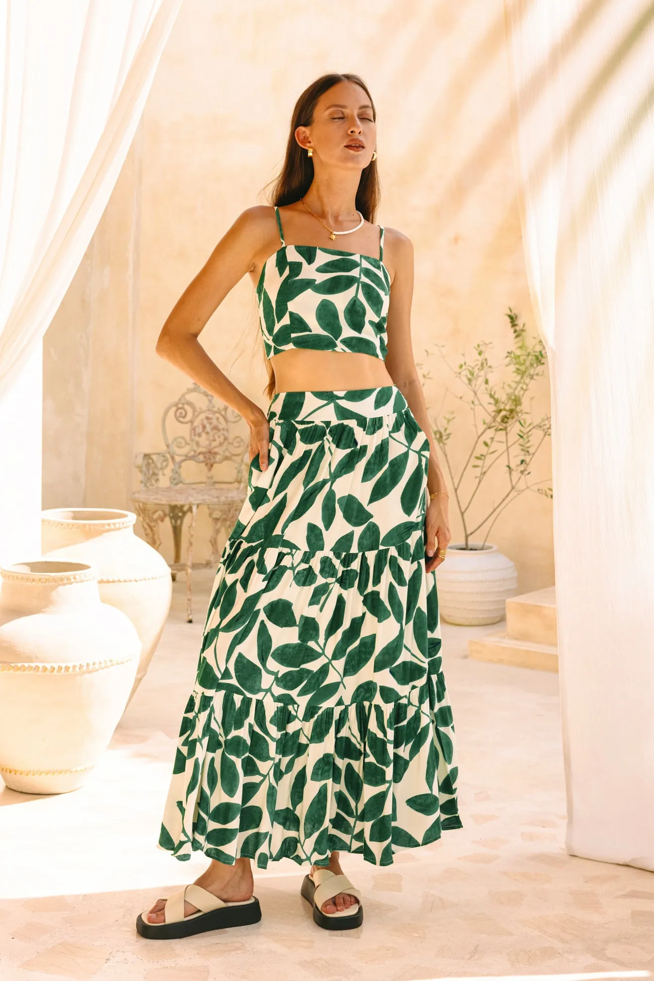 Ivy Green Tropical Tiered Maxi Skirt