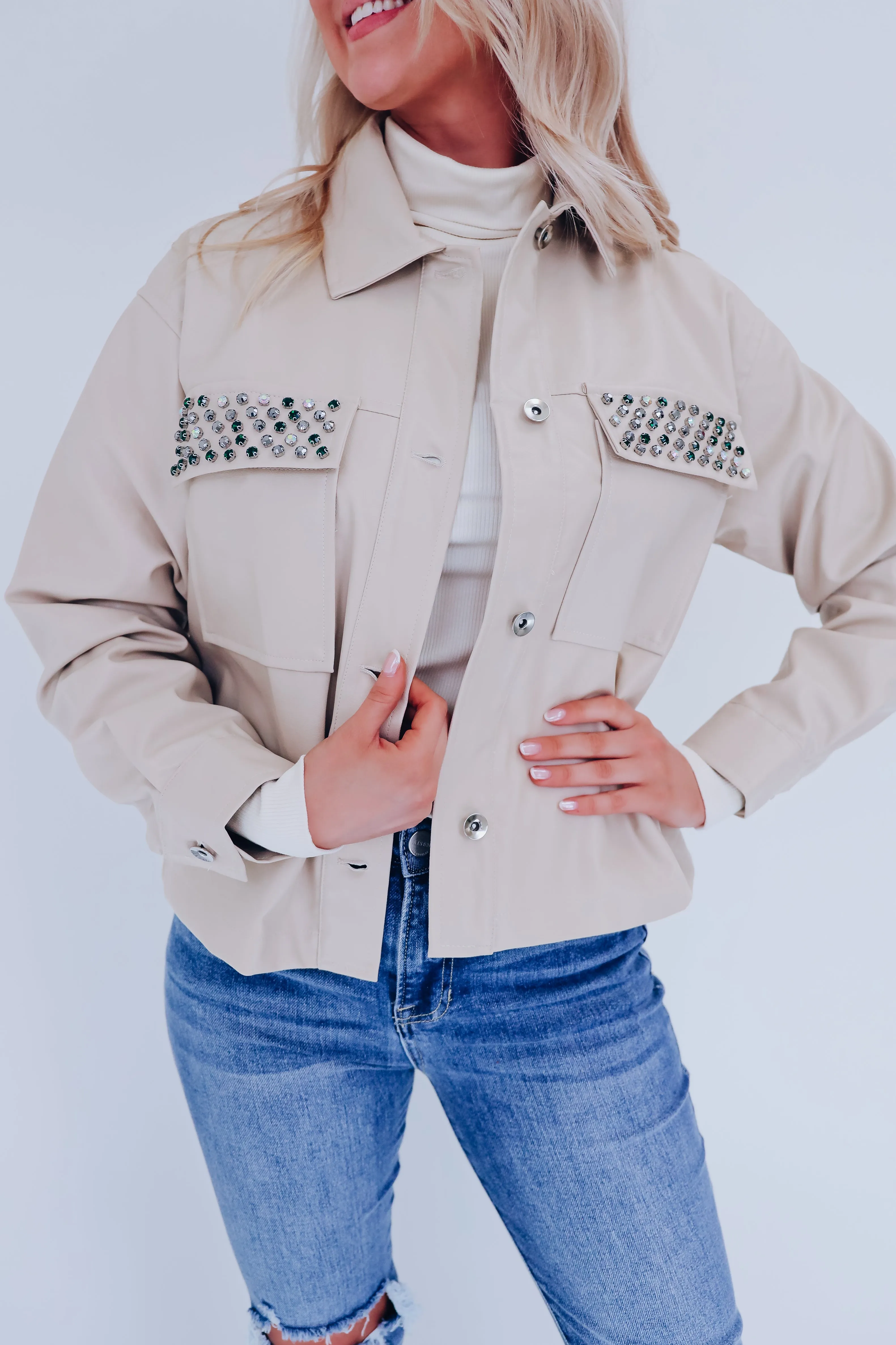 Jackie Jeweled Faux Leather Jacket - Tan