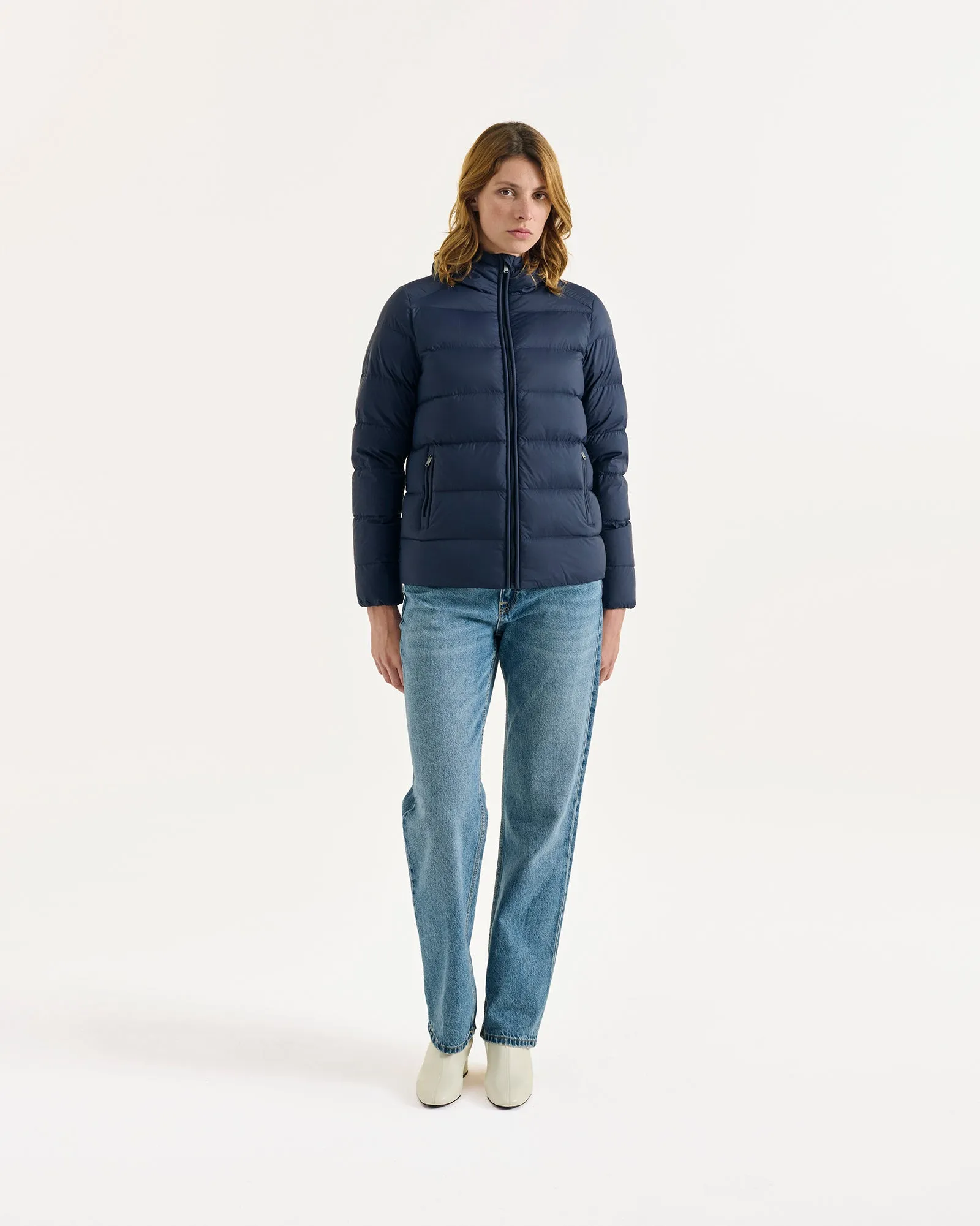 Johanna straight-cut hooded down jacket Navy