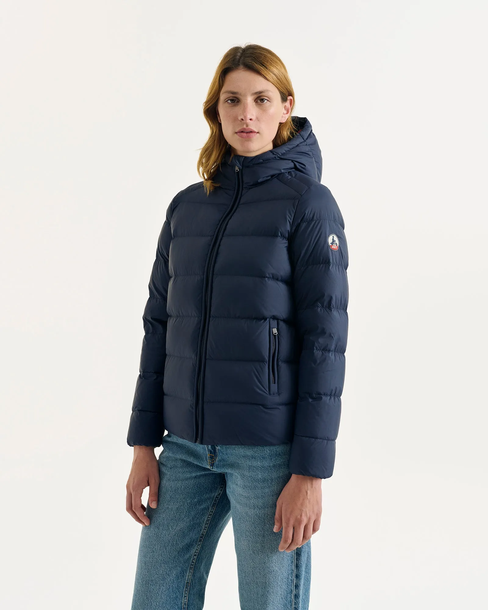 Johanna straight-cut hooded down jacket Navy