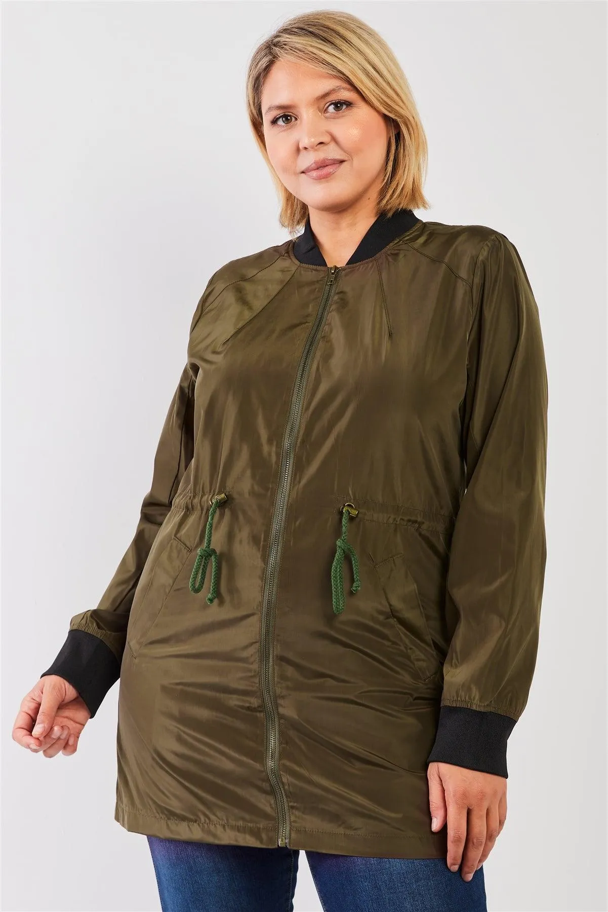 Junior Plus Olive Drawstring Trim Zip-Up Fitted Coach Rain Jacket /2-2-2