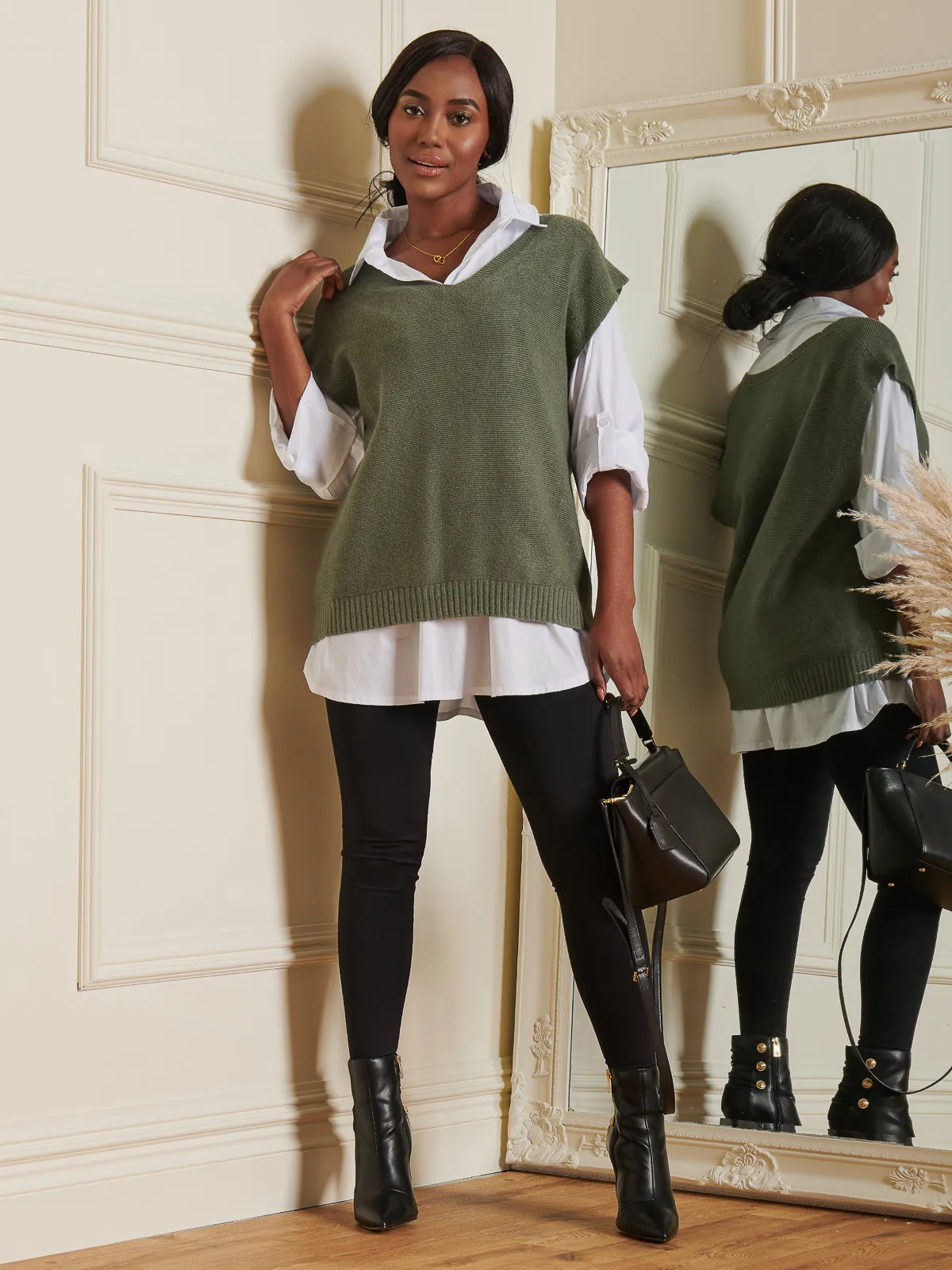 Knitted V-Neck Jumper Vest, Soldier Green