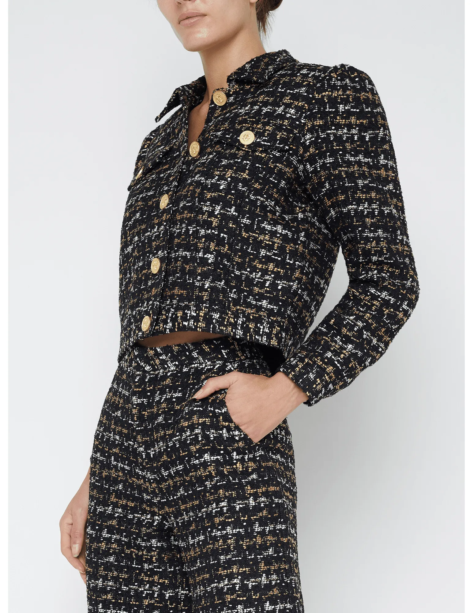 L'Agence Kasey Bracelet Sleeve Tweed Cropped Jacket