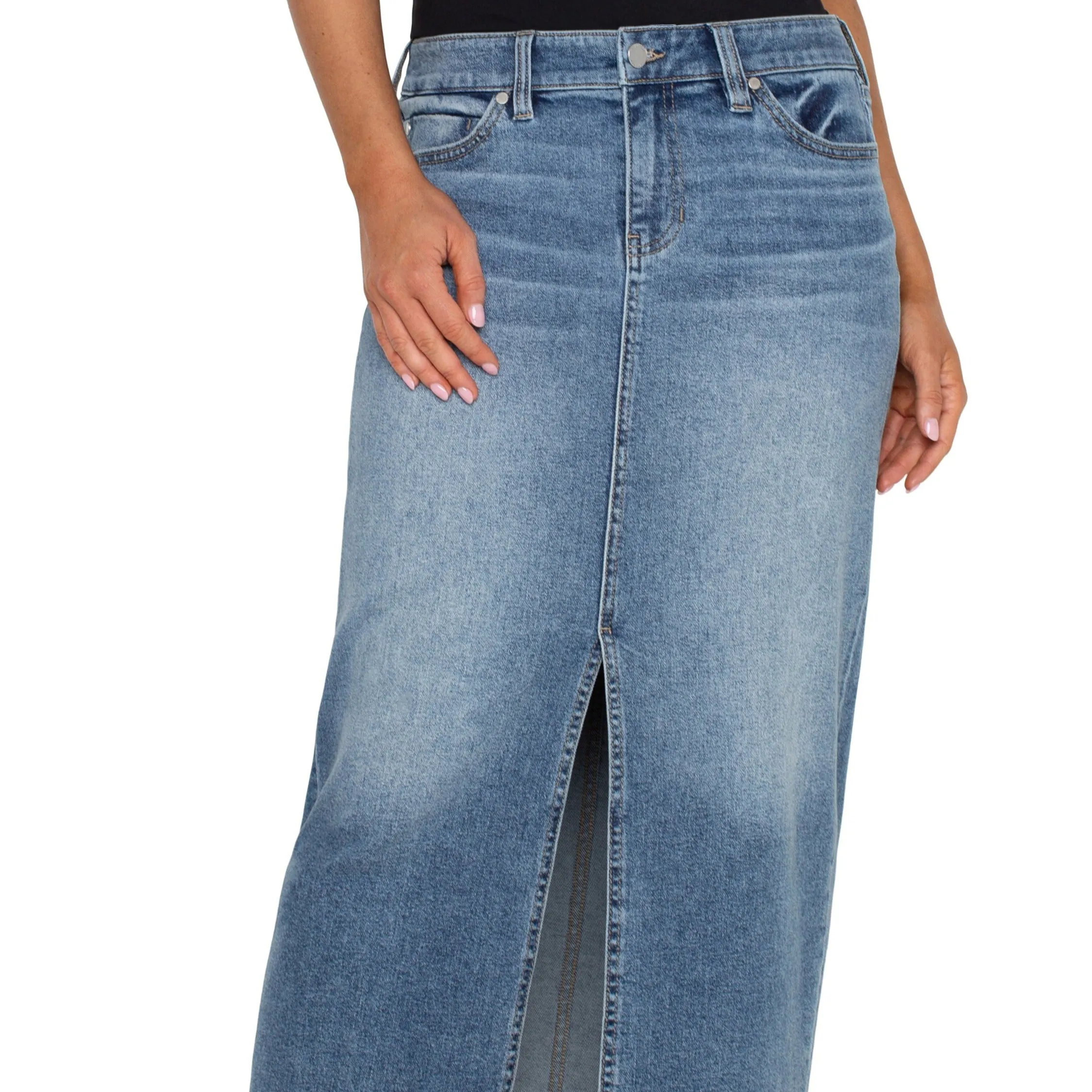 LIVERPOOL 5 Pocket Front Slit Maxi Skirt w/ Fray Hem - Denim Wash