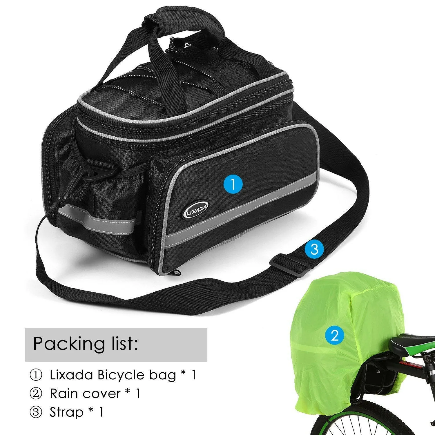 Lixada Waterproof Bicycle Rear Seat Bag Cycling Bike Trunk Bag Bike Pannier Bag Shoulder Bag with Rain Cover