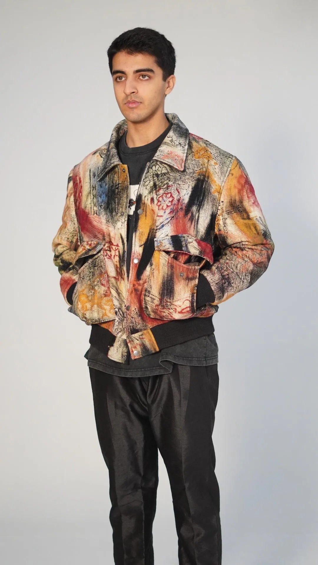 “LOST IN TRANSLATION” Abstract block-print Bomber jacket