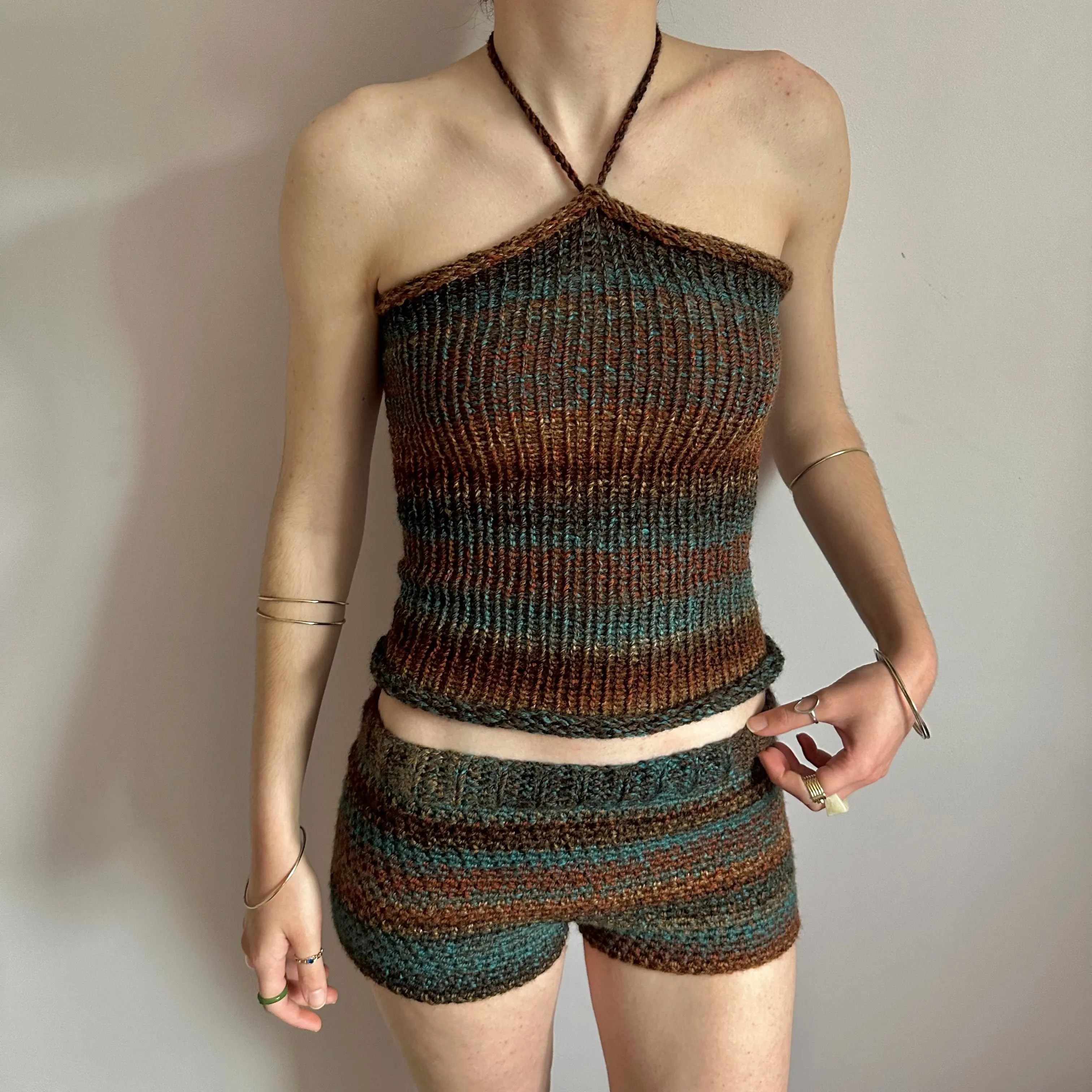 Matching set: brown and blue striped crochet shorts and knit halter top