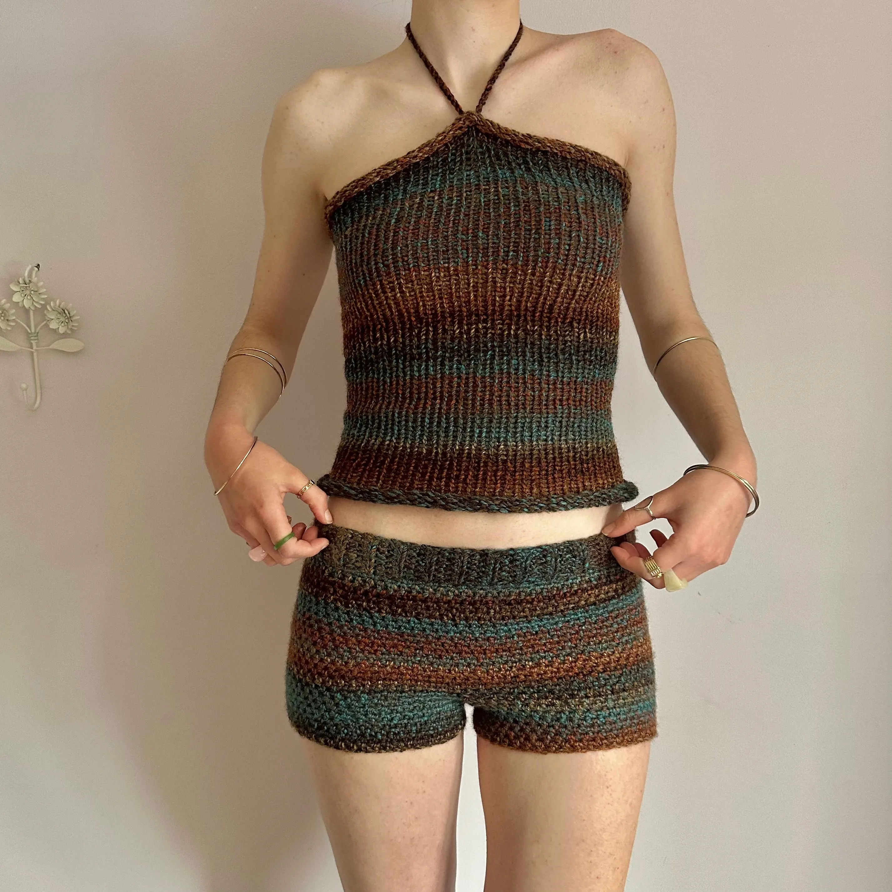 Matching set: brown and blue striped crochet shorts and knit halter top