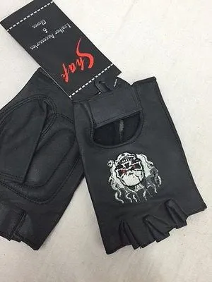 MEN'S BUTTER SOFT SKULL & FLAME FINGERLESS GLOVES WPADDED PALM TOP QUALITY