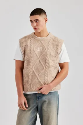 Mens Cable Knit Vest - Stone