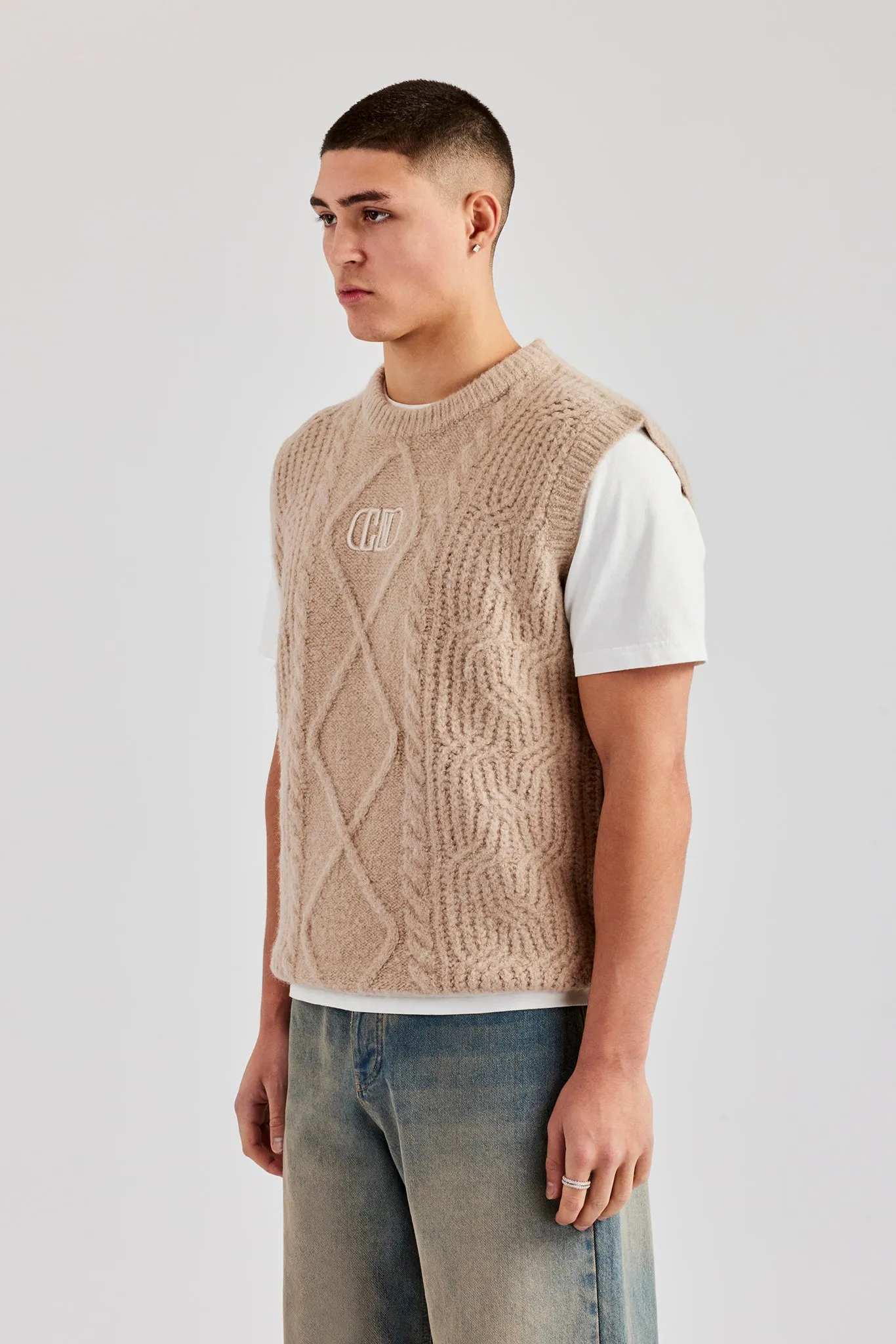 Mens Cable Knit Vest - Stone