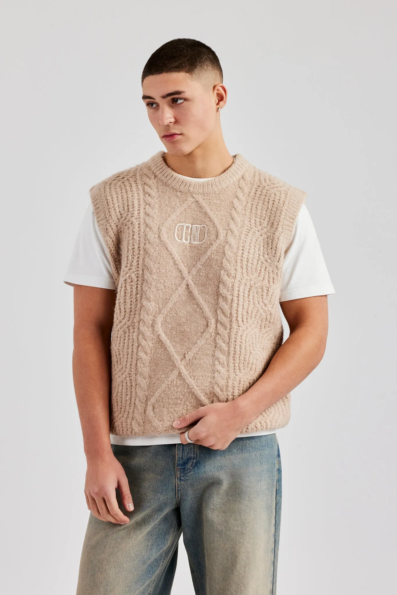 Mens Cable Knit Vest - Stone