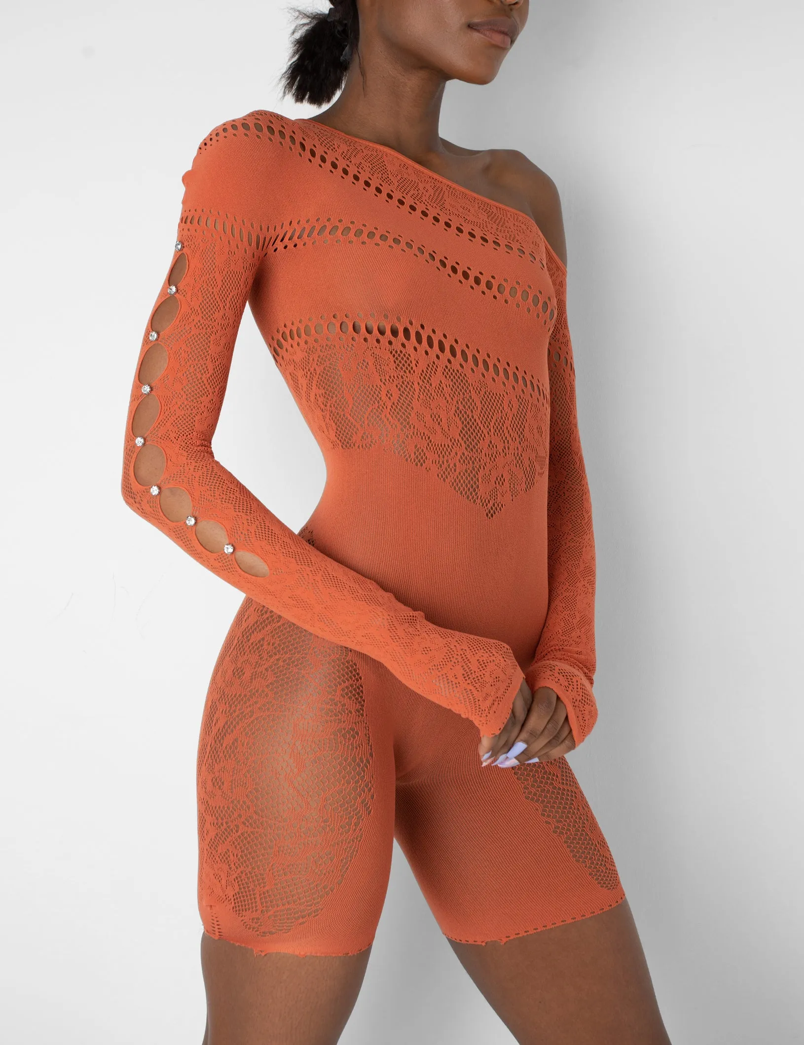 Mesh and Lace Panel Off Shoulder Short Unitard Burnt Orange