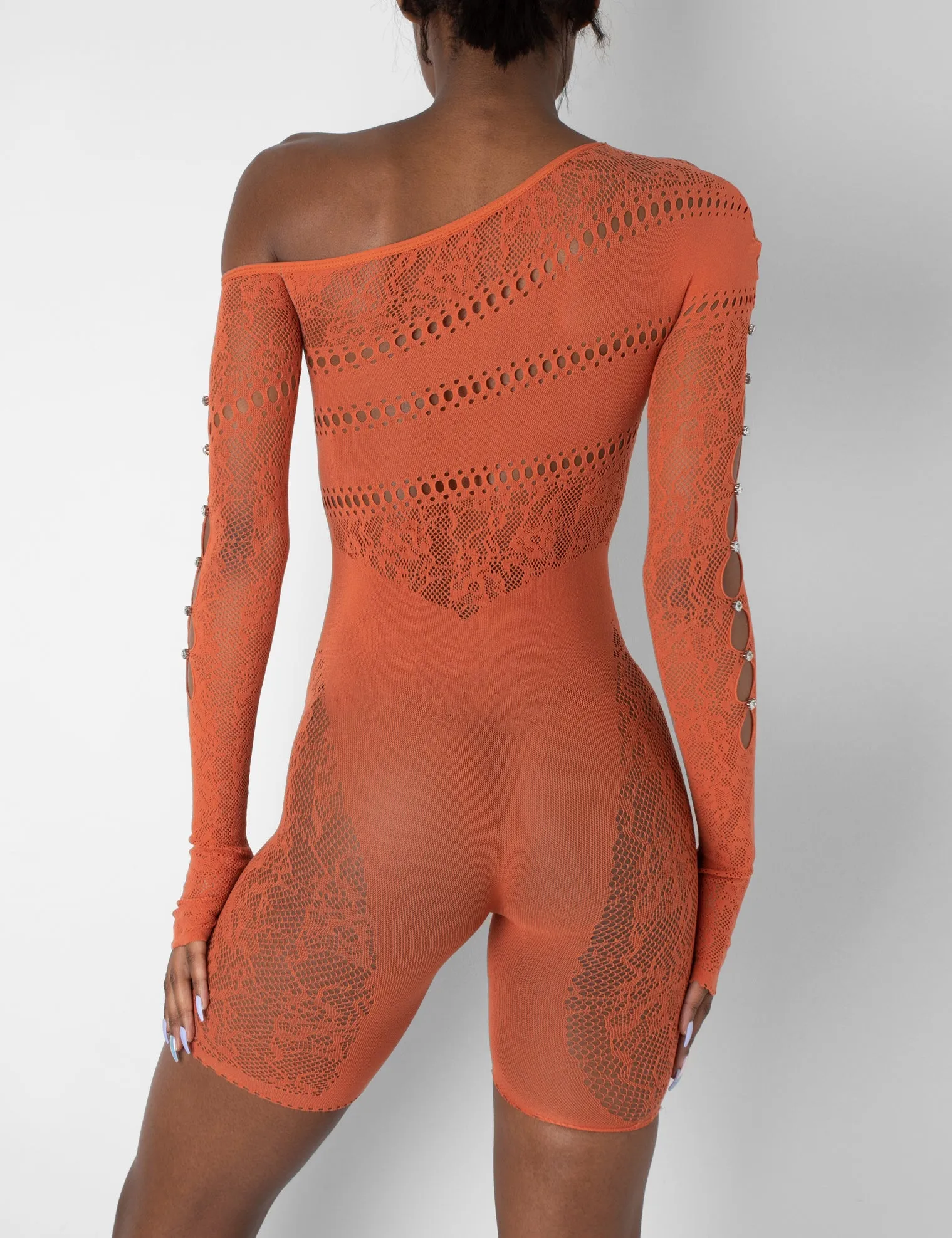 Mesh and Lace Panel Off Shoulder Short Unitard Burnt Orange