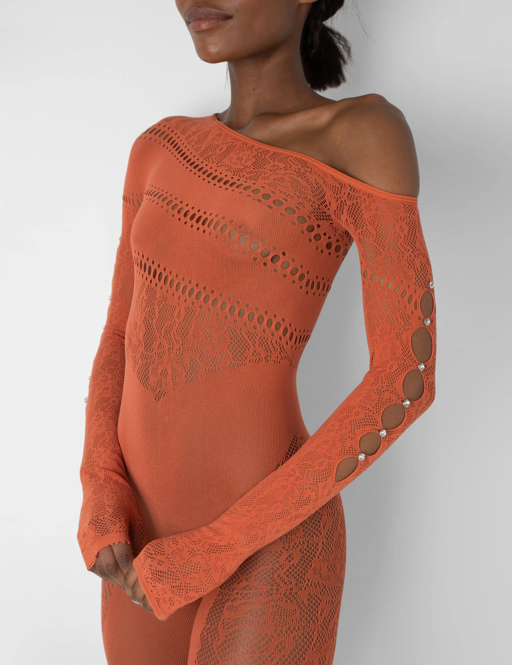 Mesh and Lace Panel Off Shoulder Short Unitard Burnt Orange