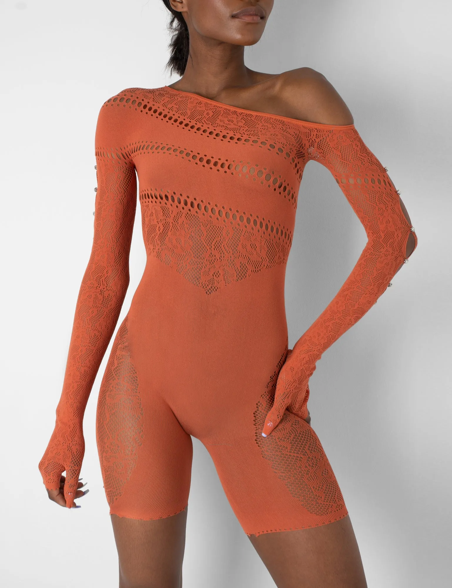 Mesh and Lace Panel Off Shoulder Short Unitard Burnt Orange