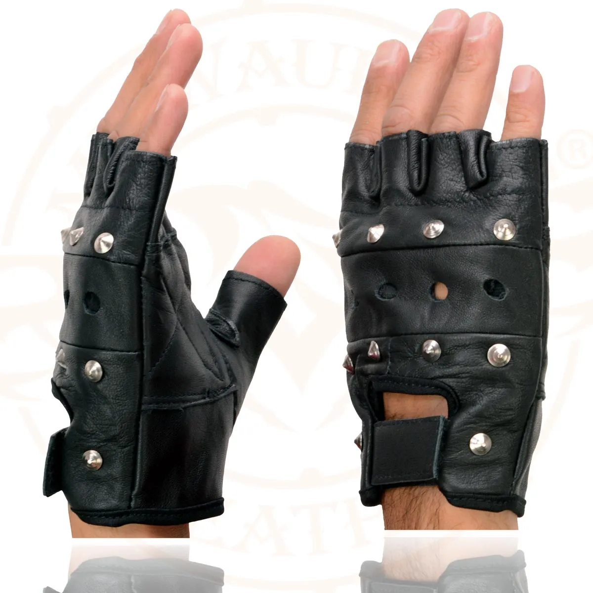 Milwaukee Leather SH211 Men's Black Leather Gel Padded Palm Fingerless Motorcycle Hand Gloves W/ ‘Open Knuckle’ & Detailing