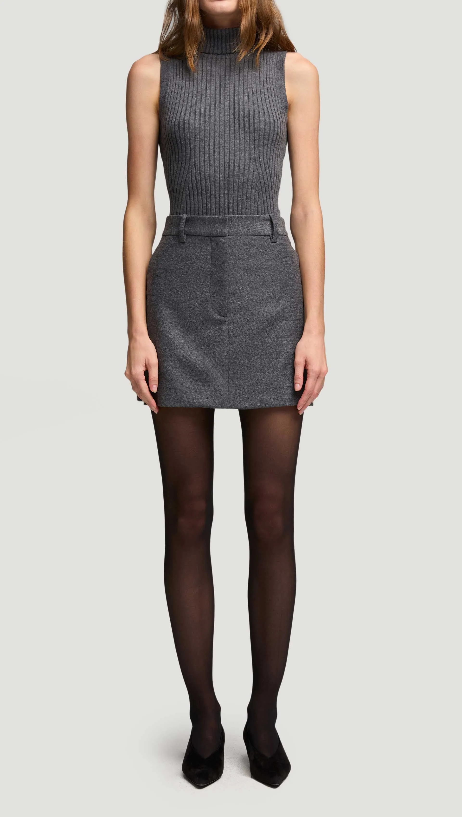 Mini Tailored Skirt in Textured Wool | Grey Melange