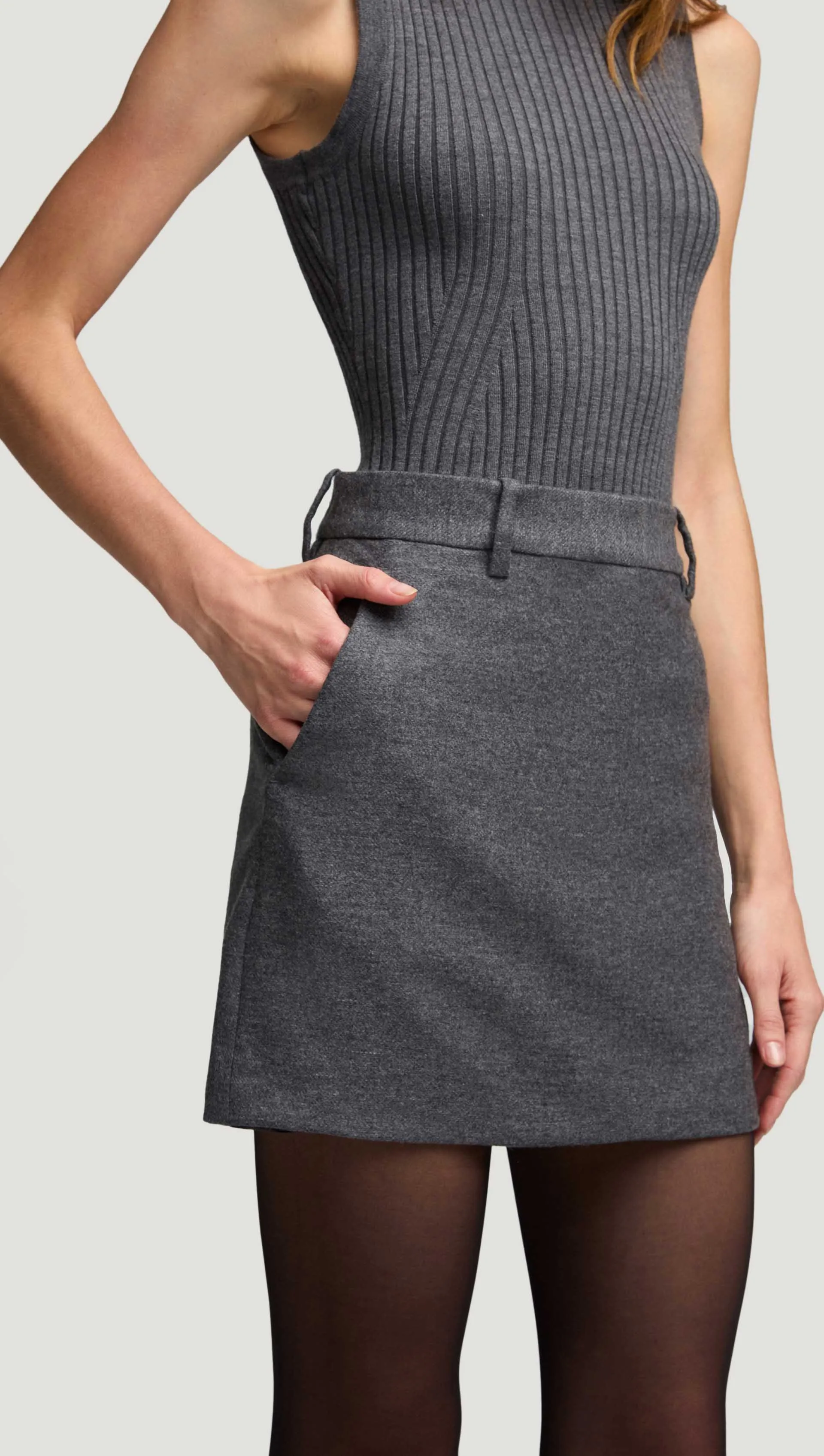 Mini Tailored Skirt in Textured Wool | Grey Melange