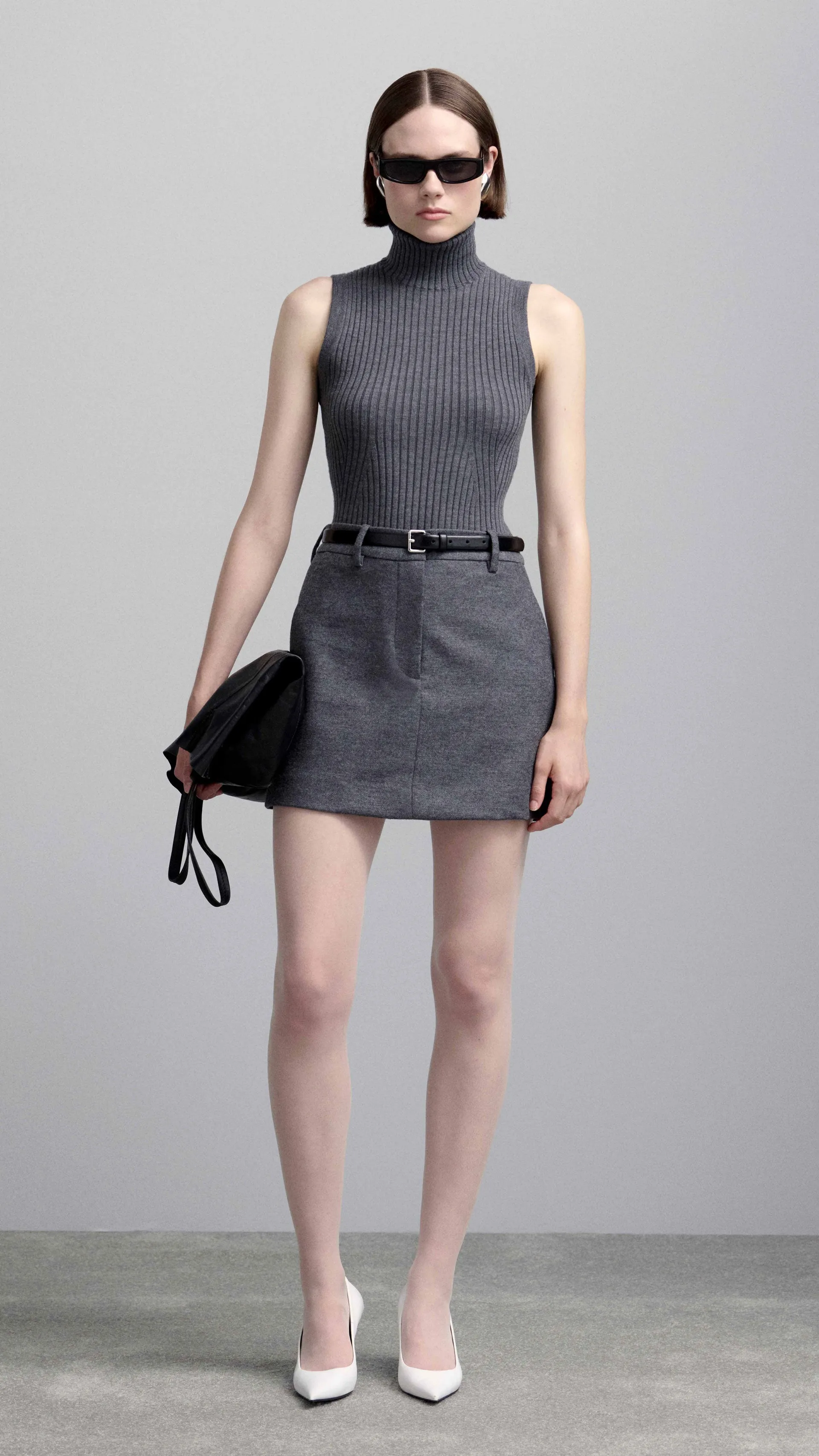 Mini Tailored Skirt in Textured Wool | Grey Melange