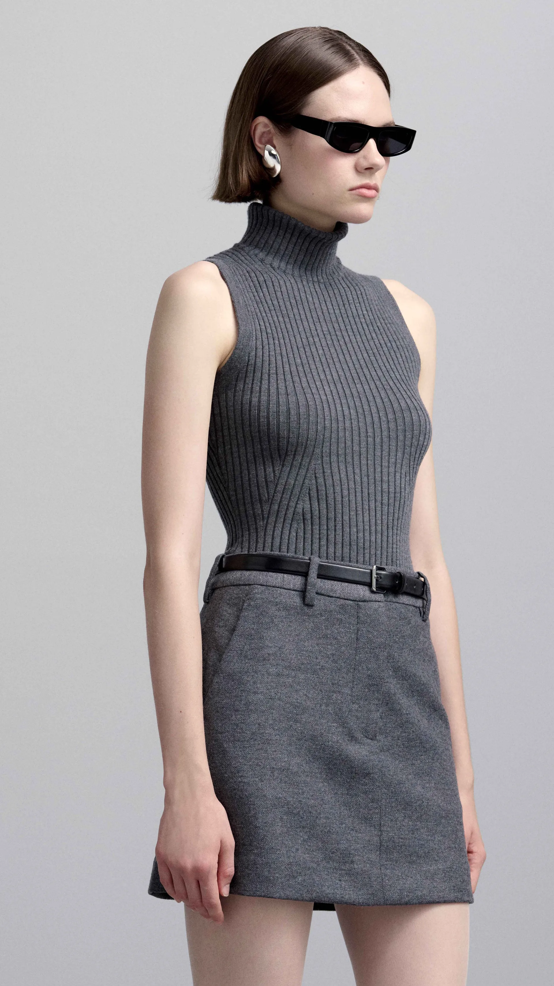 Mini Tailored Skirt in Textured Wool | Grey Melange