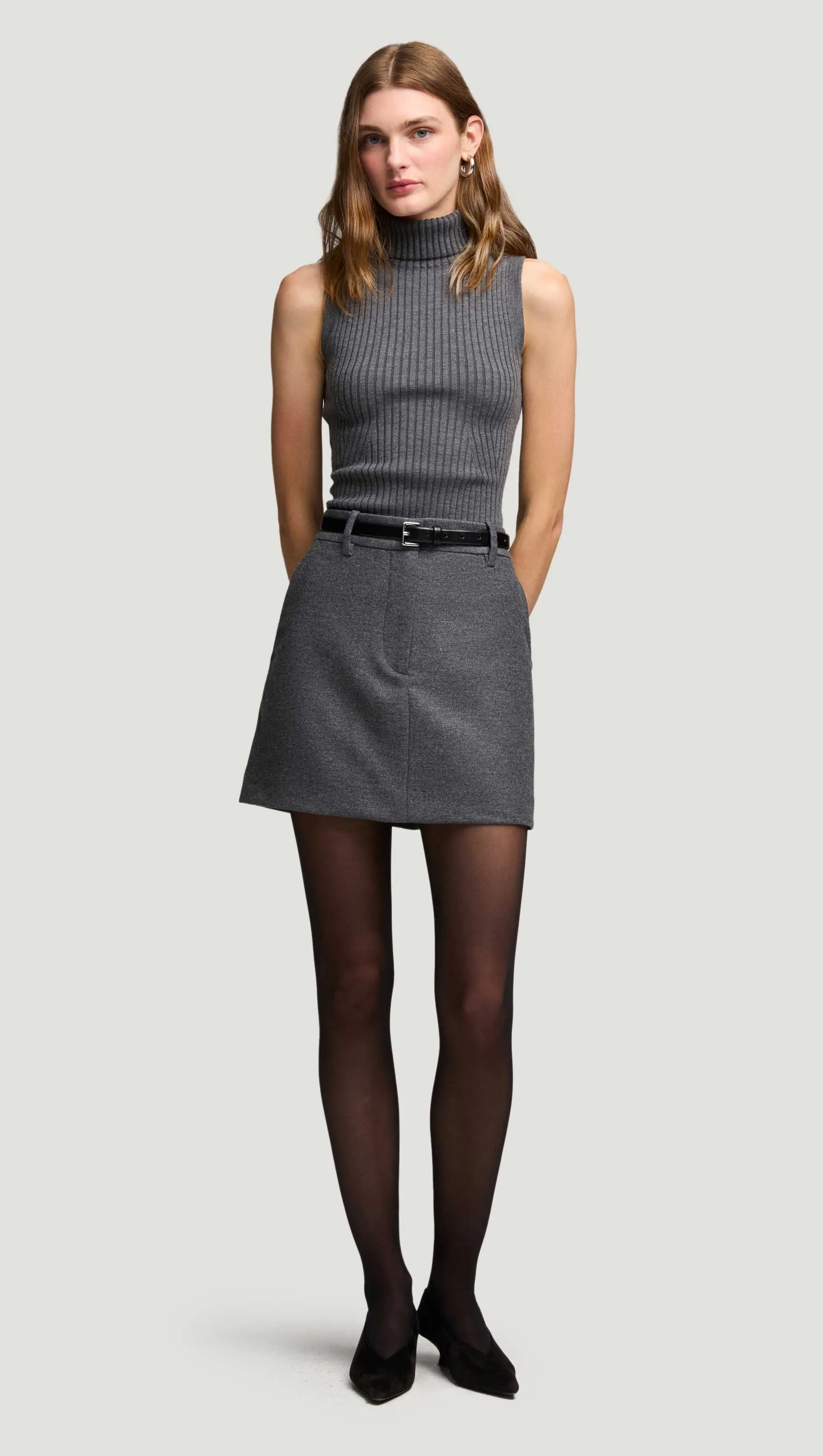 Mini Tailored Skirt in Textured Wool | Grey Melange