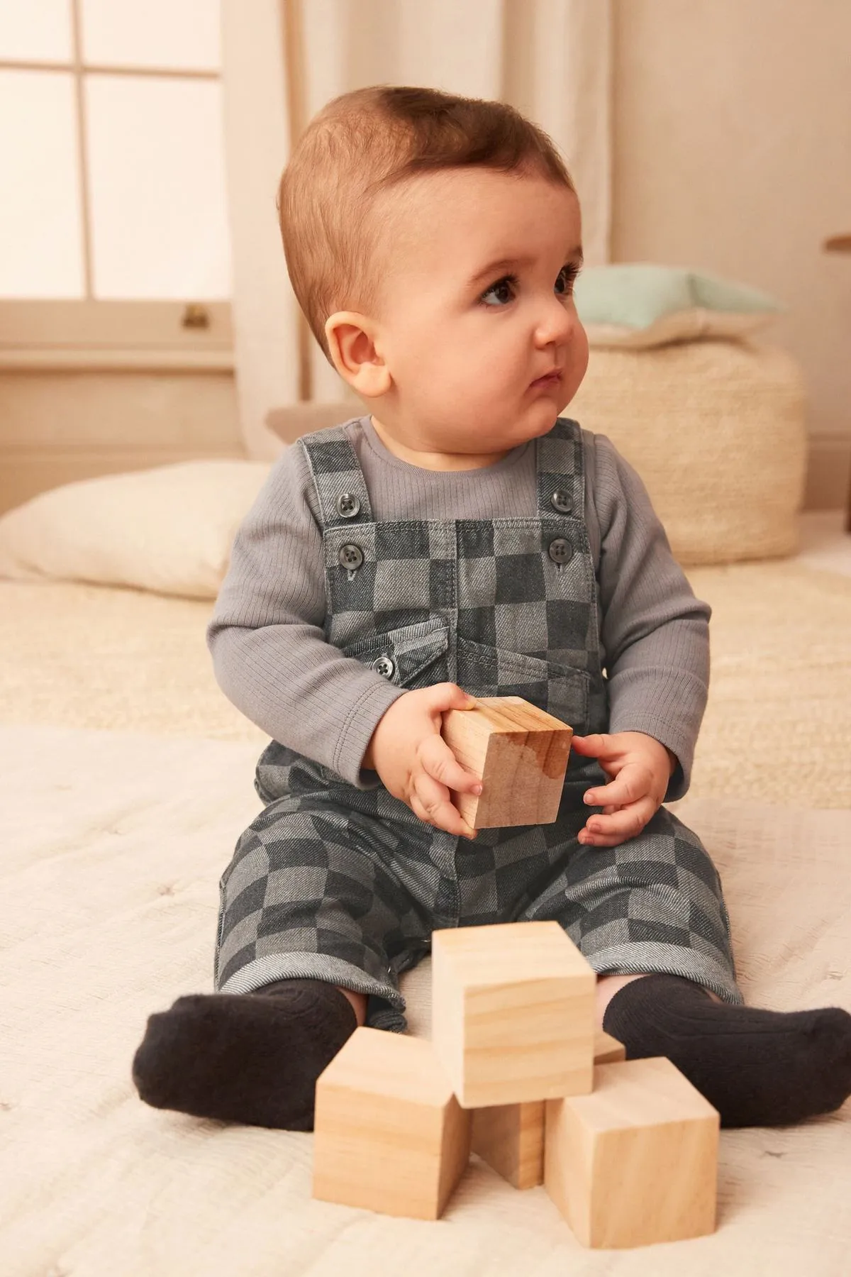 Monochrome Check Baby Denim Dungarees And Bodysuit Set