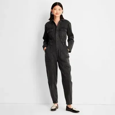 New - Universal Thread Women's Long Sleeve Denim Jumpsuit Wide-Leg Overalls