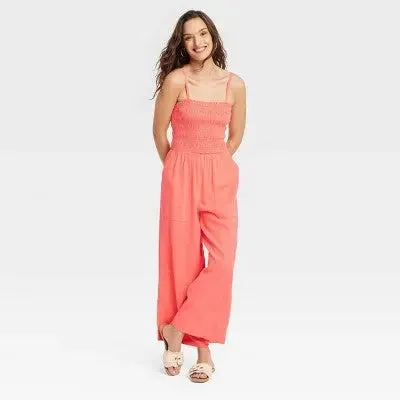 New - Universal Thread Women's Smocked Linen Maxi Jumpsuit Soft Fleece Straight Leg