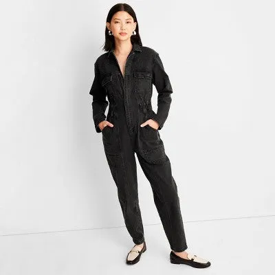 New - Women's Long Sleeve Denim Jumpsuit - Universal Thread Washed