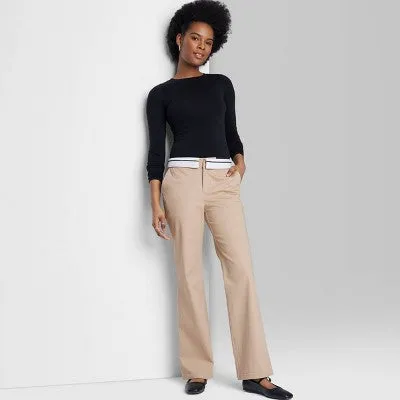 New - Women's Mid-Rise Foldover Straight Chino Pants - Wild Fable Light Taupe 10