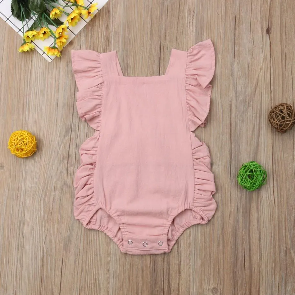 Newborn Baby Girl Ruffled Solid Color Sleeveless Backless Romper Jumpsuit Outfit Sunsuit