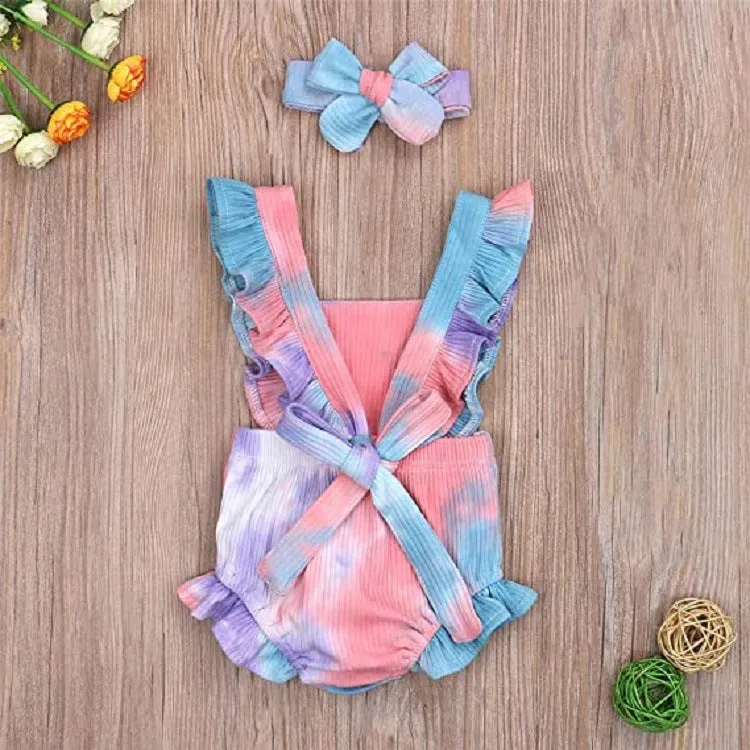 Newborn Baby Girl Ruffled Solid Color Sleeveless Backless Romper Jumpsuit Outfit Sunsuit