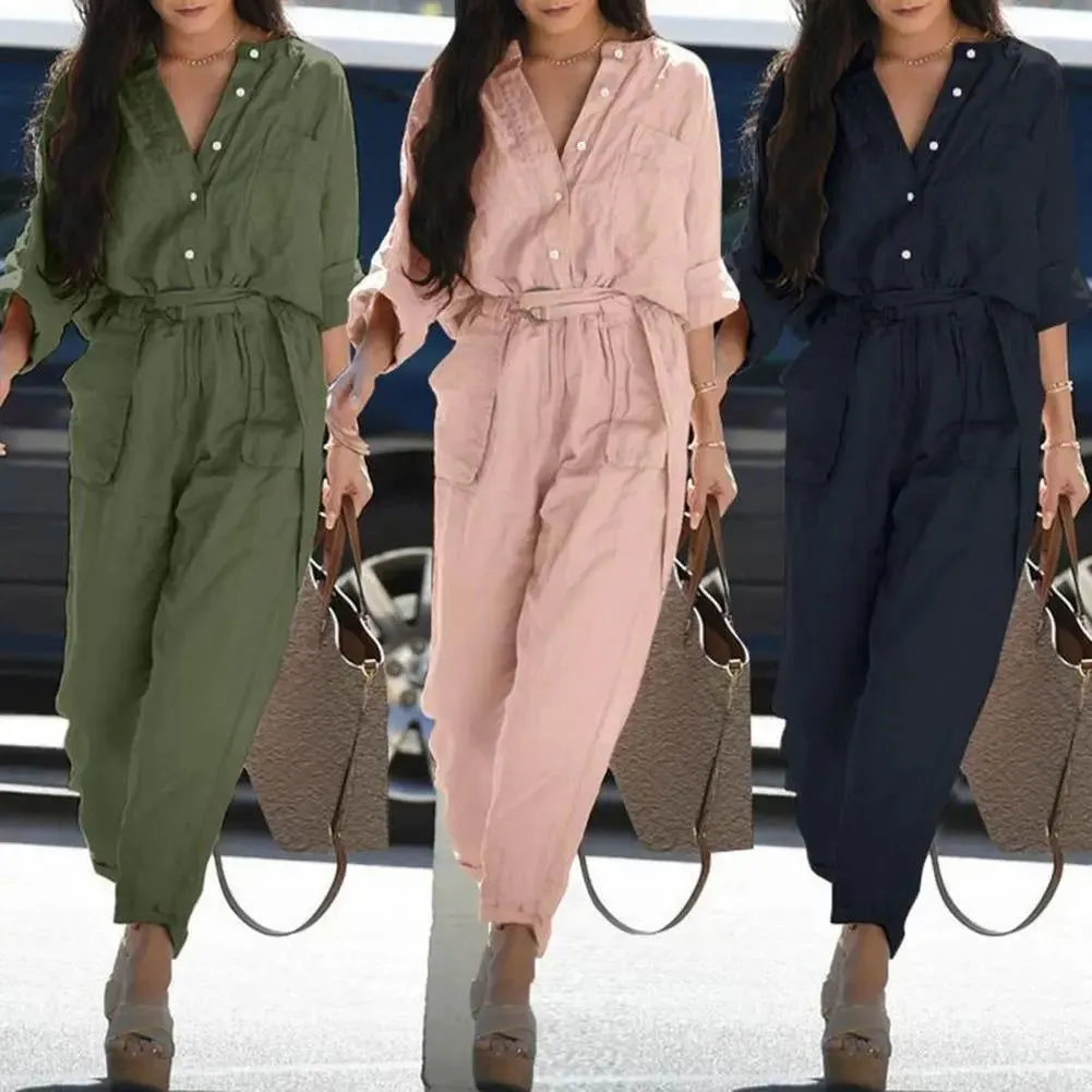 Office Lady Button High Waist Cotton Linen Cargo Jumpsuits