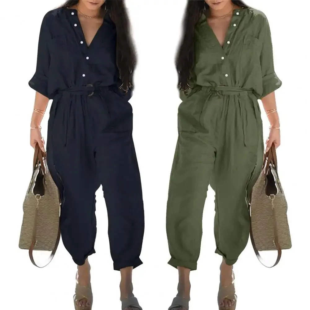 Office Lady Button High Waist Cotton Linen Cargo Jumpsuits