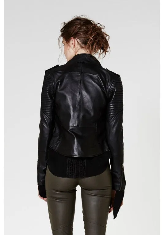 ONCE WAS GAUNTLET LEATHER BIKER JACKET IN BLACK