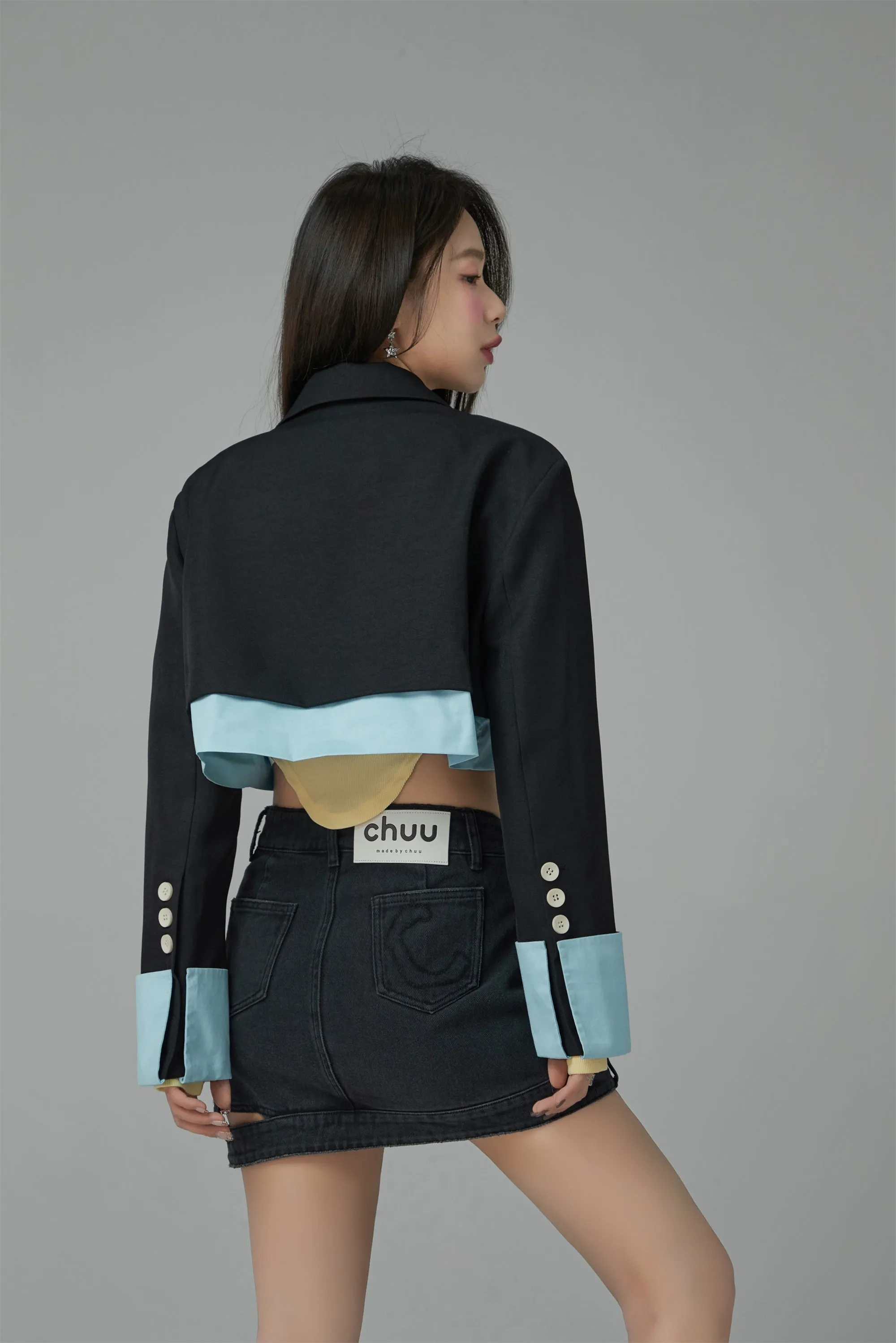 One Button Color Combination Cropped Jacket