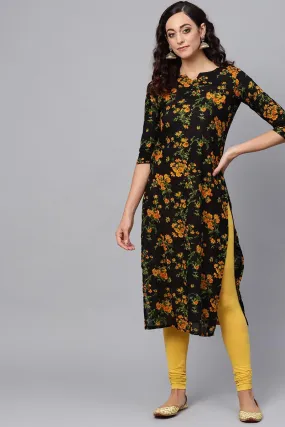 Regular Wear Rayon Blend Fabric Printed Black Color Simple Kurti