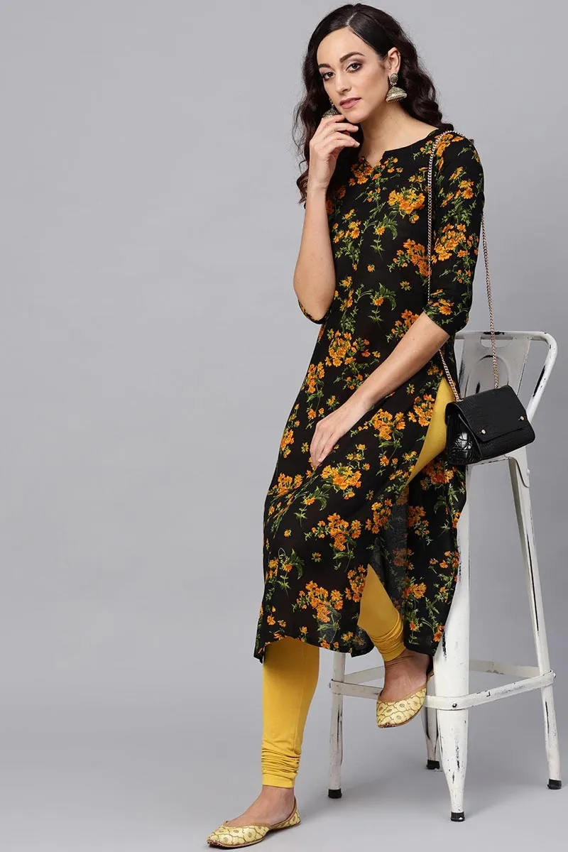 Regular Wear Rayon Blend Fabric Printed Black Color Simple Kurti